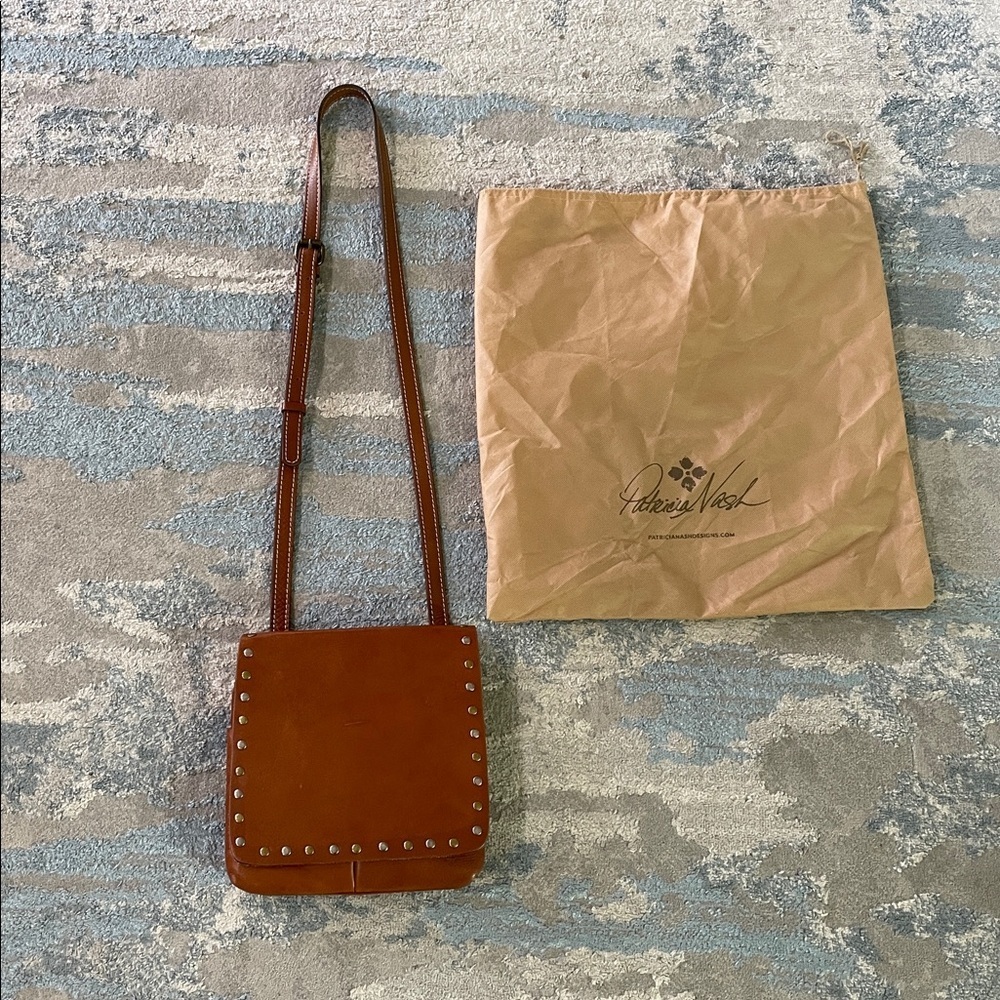 Patricia Nash Brown Studded Leather Flap Crossbody Bag Purse